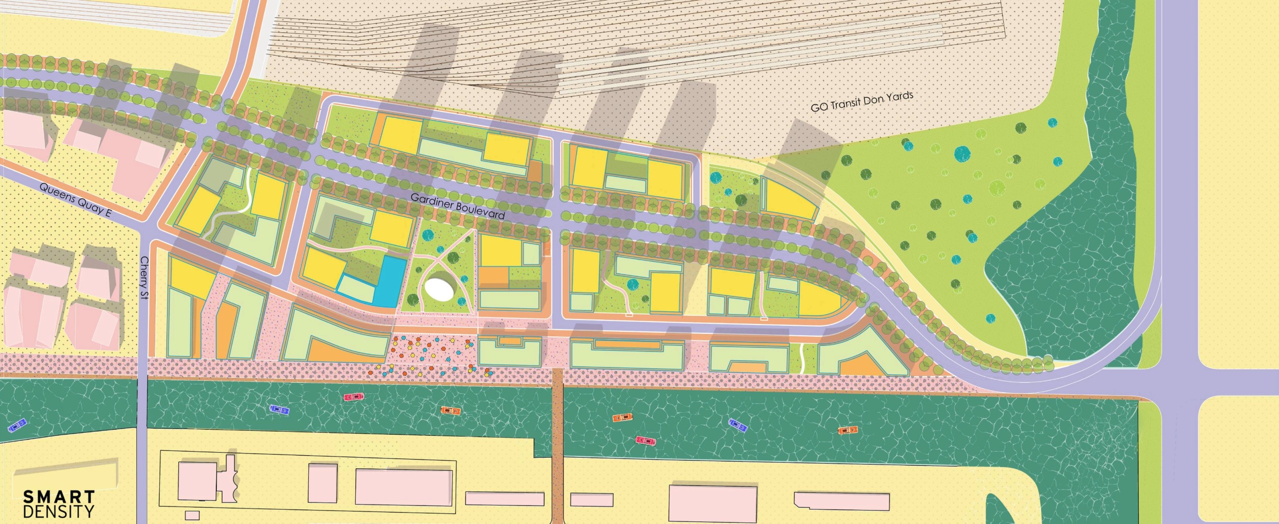 Illustrative plan view of the Gardiner East concept, showing a new boulevard, waterfront promenade, parks, development blocks, and public connections.