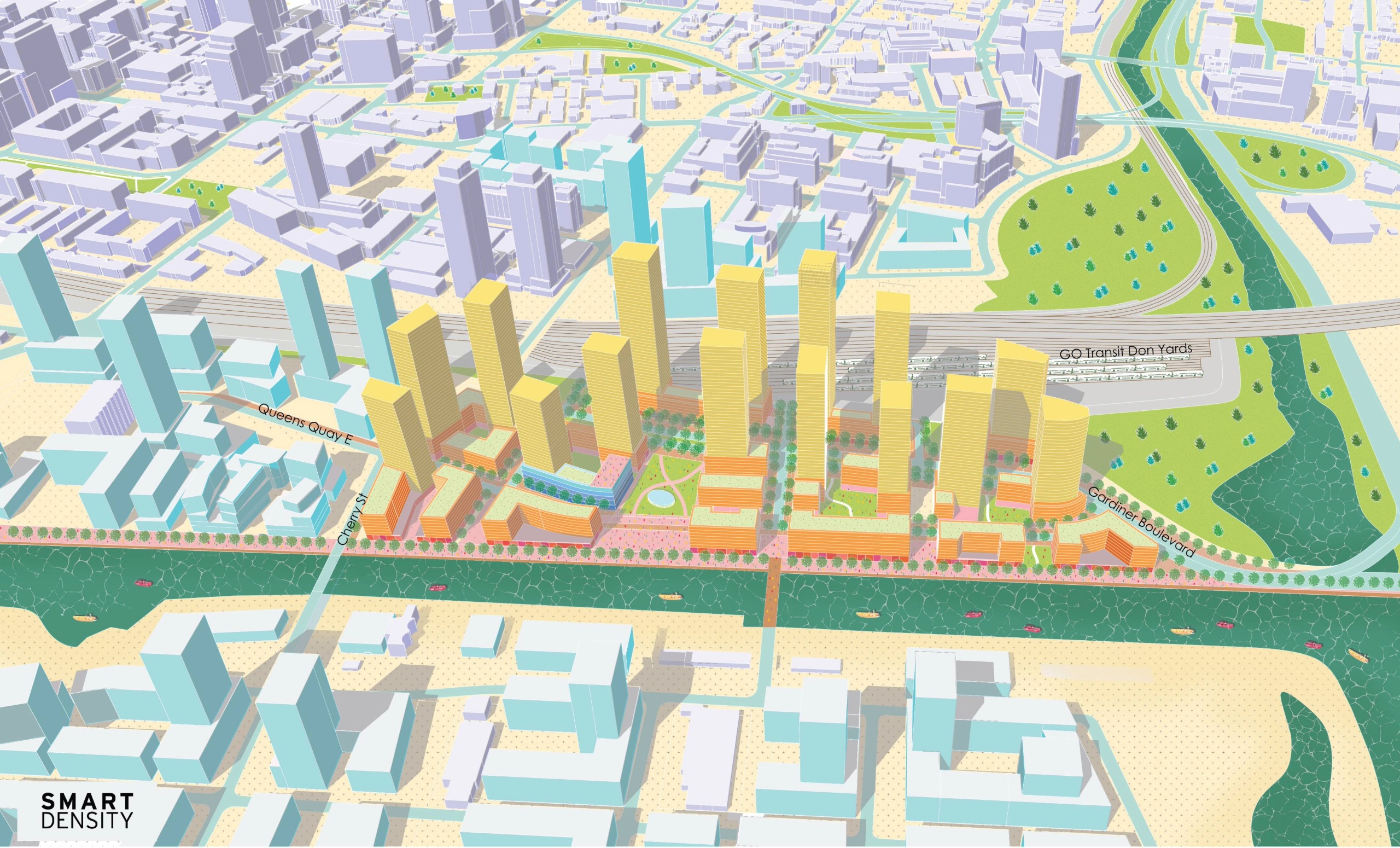 Illustrative 3D urban design vision for the Gardiner East in Toronto, showing new mixed-use development, public spaces, and a waterfront boulevard.